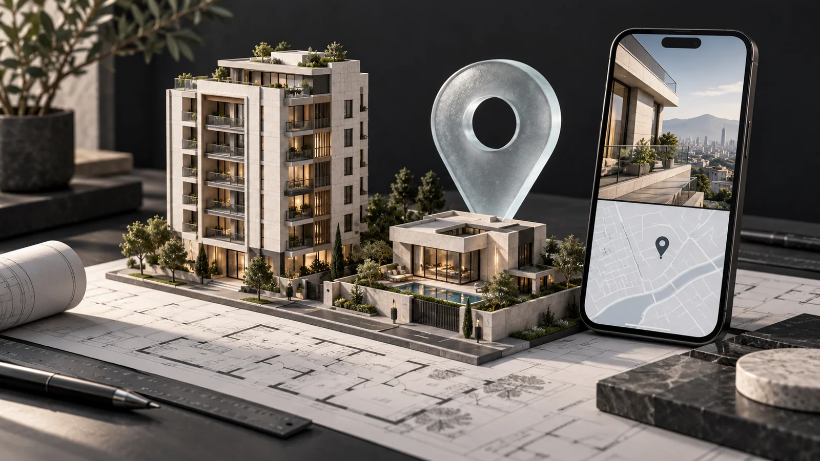تصویر مفهومی ارتباط معماری، موقعیت ملک و تجربه دیجیتال در وبسایت املاک